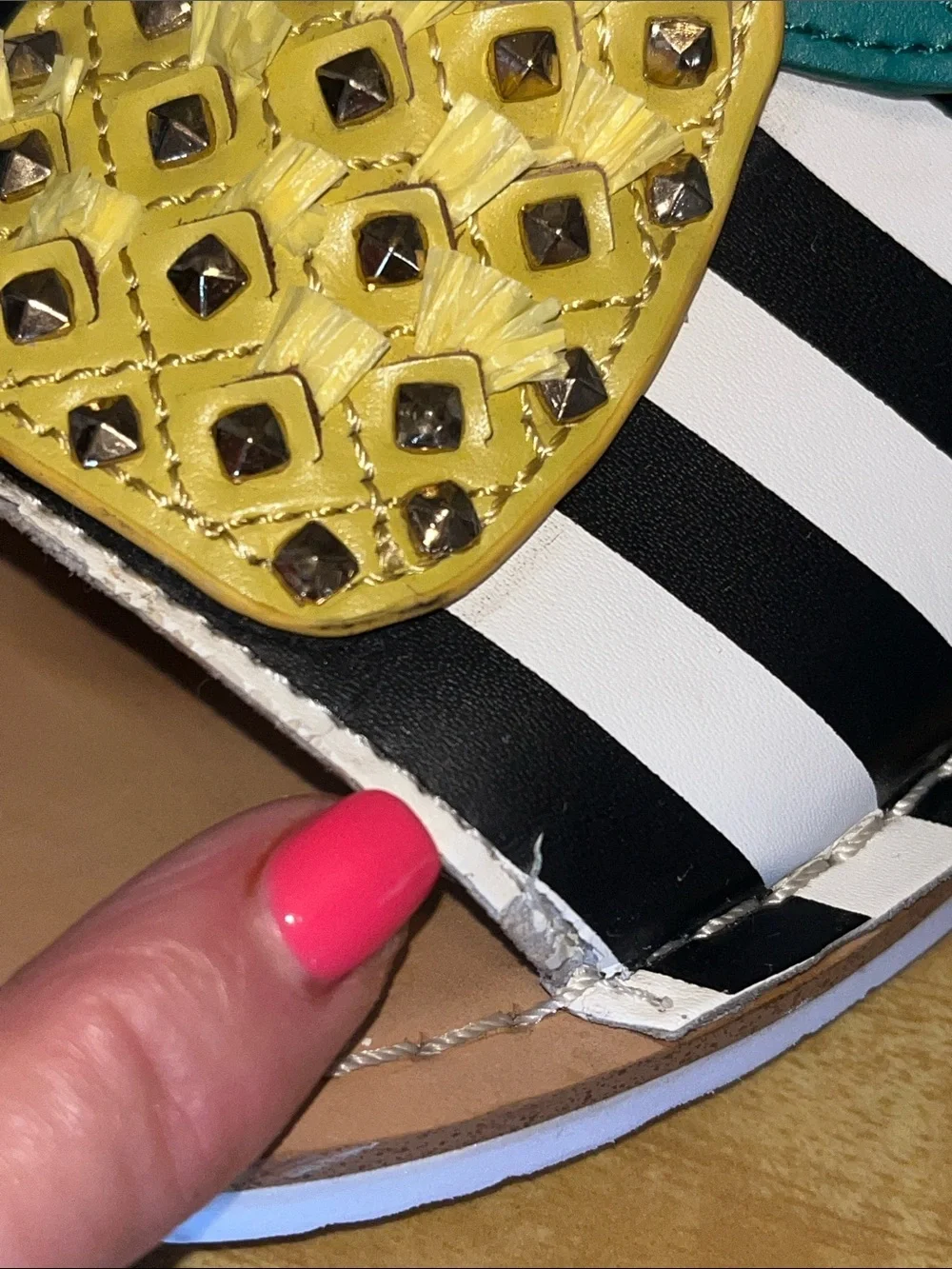 kate spade Black & White Stripe Pineapple Slide Sandals with Teal Leaves